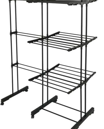 Meisterhome® Klappbarer Wäscheständer Wäscheturm Effizientes Trocknen mit 3 Ebenen, 2 Seitenflügeln - 25m Trockenleinenlänge - Platzsparend, vielseitig und mobil für drinnen und draußen – Schwarz