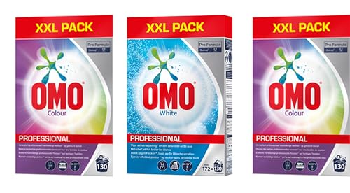 OMO Professional Pulver SET 3 x 130 Walschladungen (390 WL) 2 x Color & 1 x White Vollwaschmittel, Waschpulver-Set, Großpackung, bei hartnäckigen Flecken,Gastro, Wäscherei, Thai-Massage, Praxisbedarf