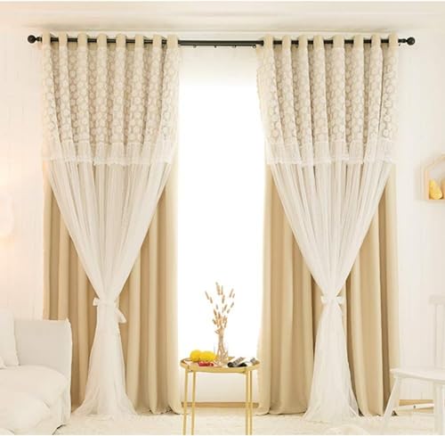 Vorhang Doppelschichtiger Verdunkelungsvorhang-Tüllüberzug, Verdunkelungs- und Voile-Weiß-Spitzenstickerei, geschichtet, massiv/Drapier-Volant-Panel, Wohnzimmer/Mädchenschlafzimmer/Isolierschattieru