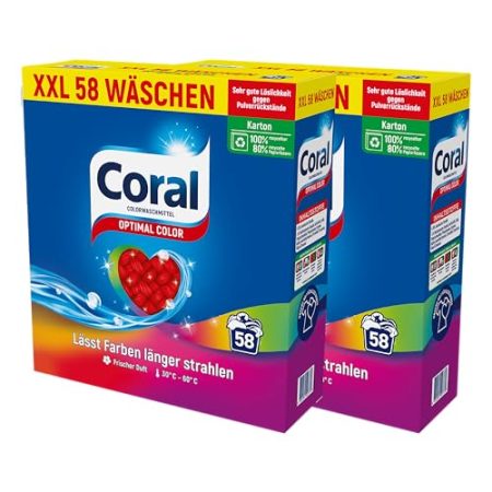 2x Coral Waschpulver Optimal Color XXL effektives Colorwaschmittel für länger strahlende Farben 58 WL