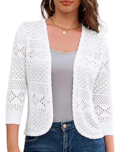 GRACE KARIN Strickjacke Damen Leichte 3/4 Ärmel Dünne Bolerojäckchen V-Ausschnitt Strickweste Weiß M
