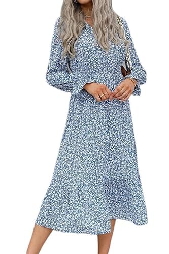 Lay U HOME Langen ärmeln Plissee V-Neck Ruffled Edge Retro floral Print Pyjama Kleid Frauen Slim fit Casual Kleid