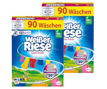 Weißer Riese Color Pulver 180 WL (2 x 90 Waschladungen), Color Waschmittel riesig stark gegen Flecken, Kalt-Aktiv schon ab 20° C, ergiebiges Waschpulver, ideal für Familien mit Kindern