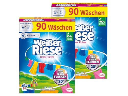 Weißer Riese Color Pulver 180 WL (2 x 90 Waschladungen), Color Waschmittel riesig stark gegen Flecken, Kalt-Aktiv schon ab 20° C, ergiebiges Waschpulver, ideal für Familien mit Kindern
